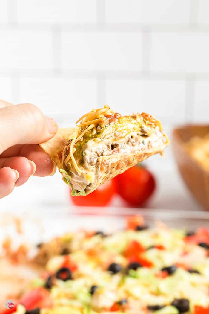 chip scooped with seven layer dip