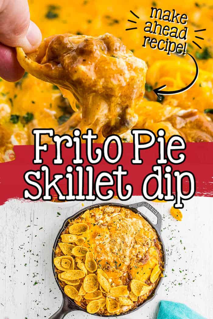 collage of cream cheese dip with text "frito pie skillet dip"