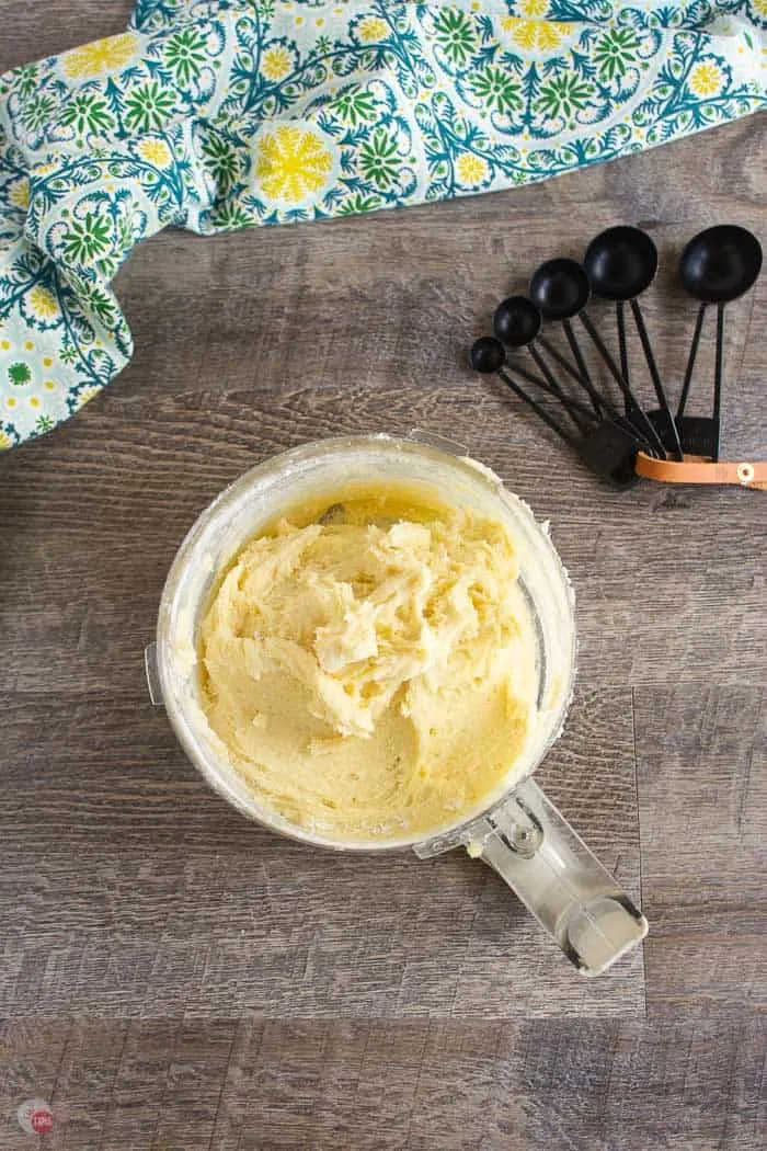 almond shortbread dough in a food processor bowl