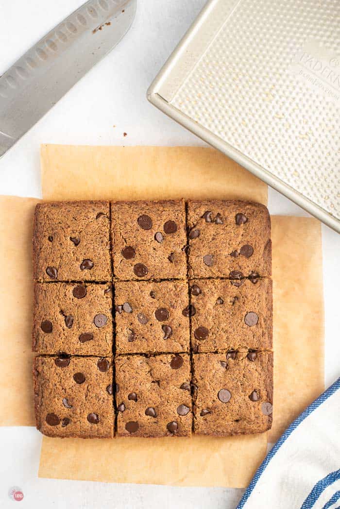 square of chocolate chip brownies cut into 9 squares