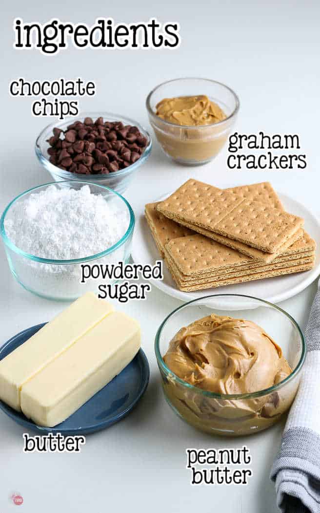 labeled picture of ingredients for peanut butter bars