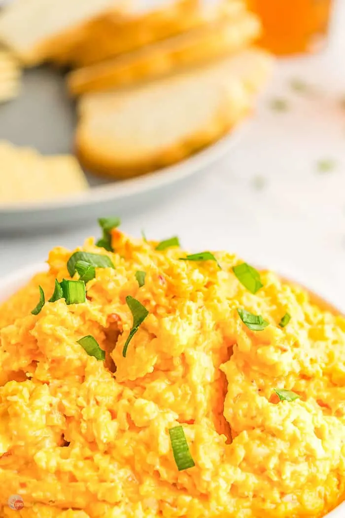 close up of bowl of homemade pimento cheese spread