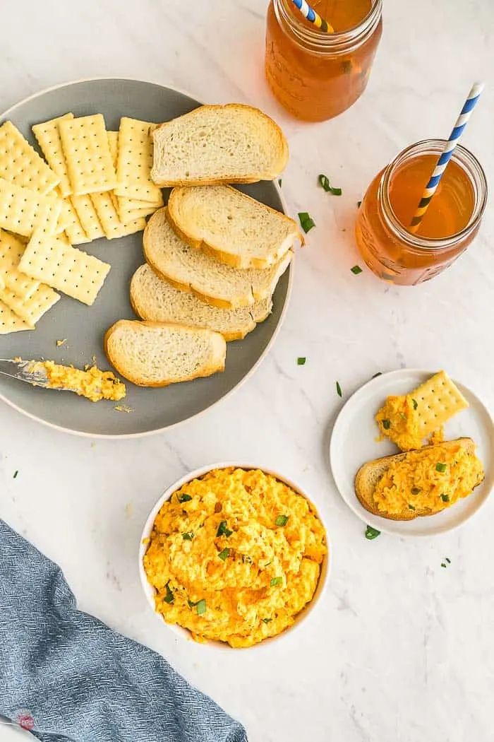 overhead picture of platter of pimento cheese and crackers