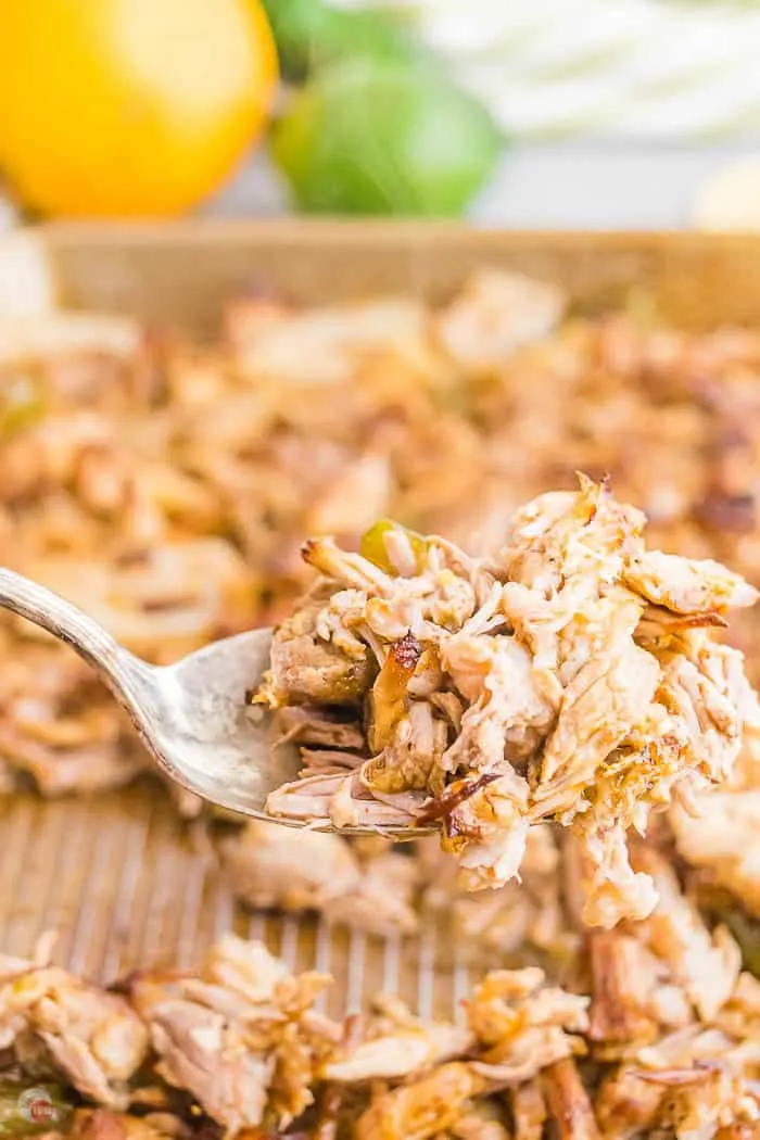close up of meat on a fork