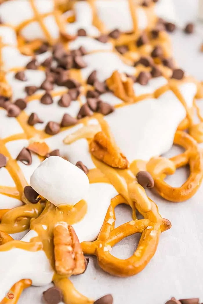 pretzel dessert nachos on parchment paper