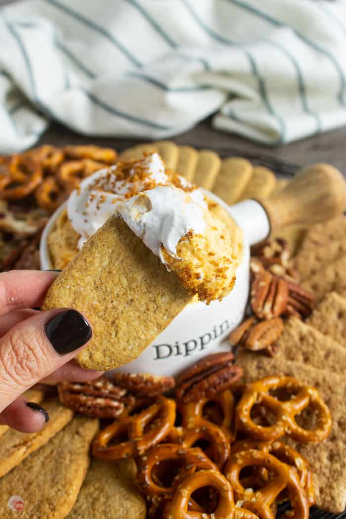 hand holding graham cracker with dip on it