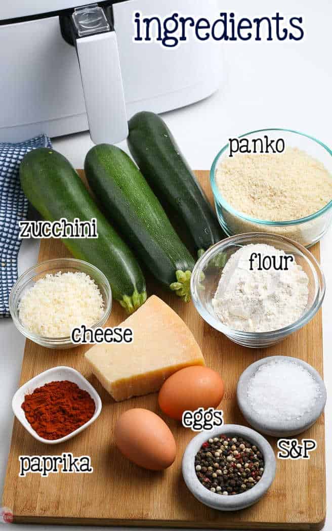 labeled picture of air fryer zucchini chip ingredients