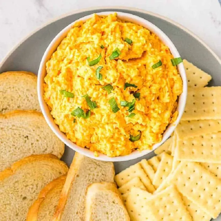 square picture of bowl of pimento cheese spread