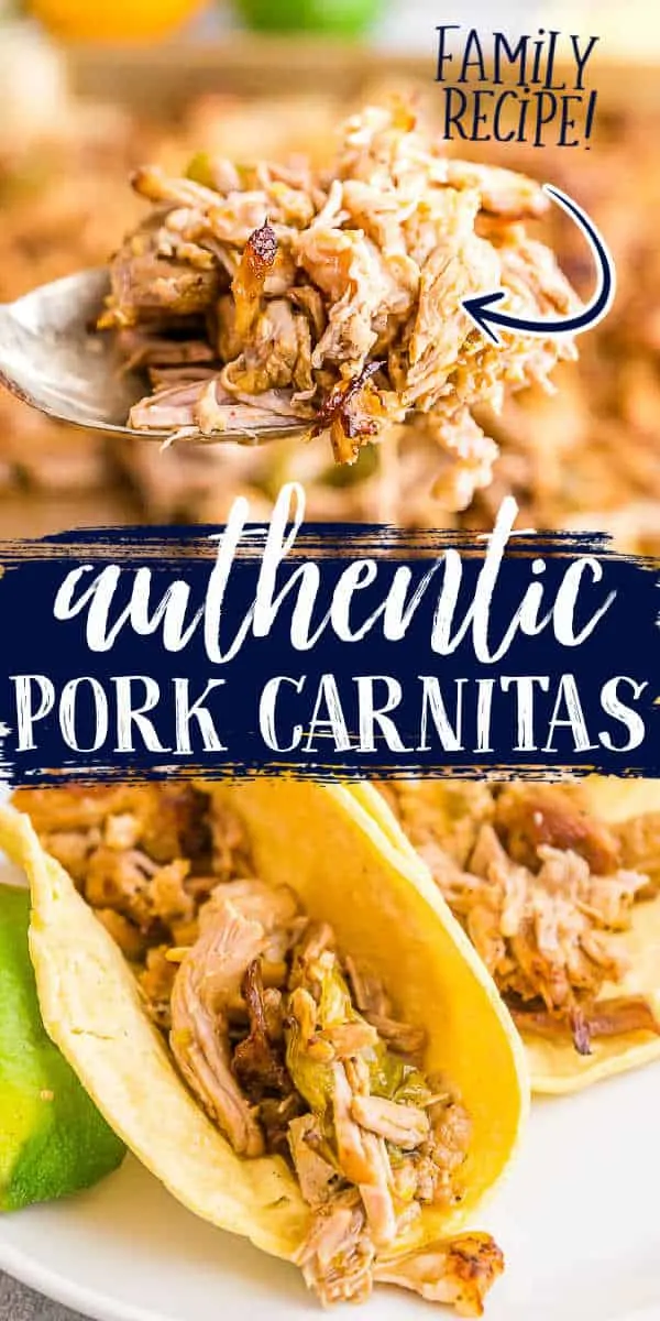 collage of shredded pork with text "authentic pork carnitas"