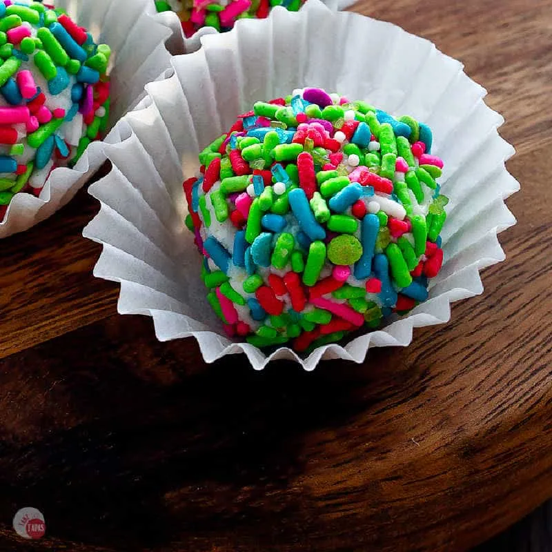 square picture of rum ball in a cupcake liner