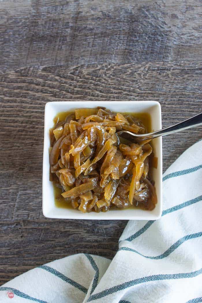 overhead picture of bowl of caramelized onions