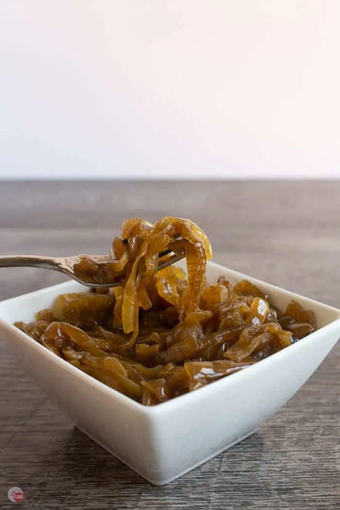 caramelized onions on a fork