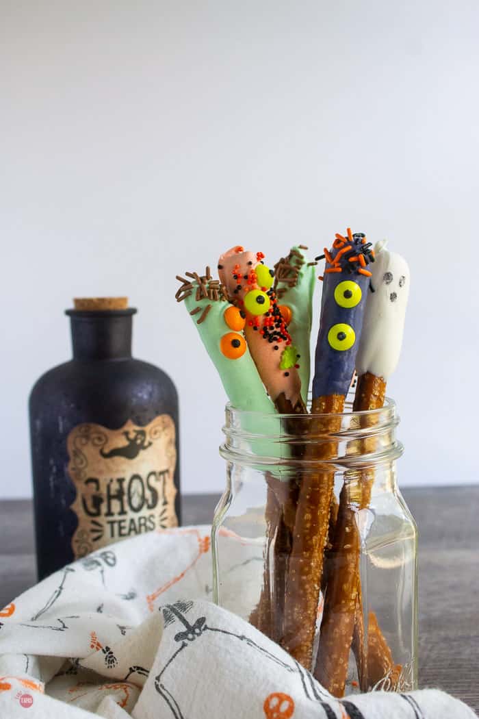 glass jar of decorated pretzels