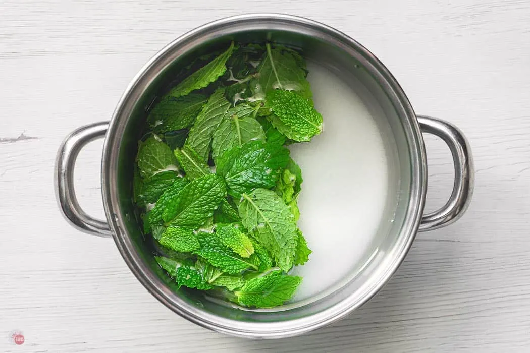mint and sugar in a pot