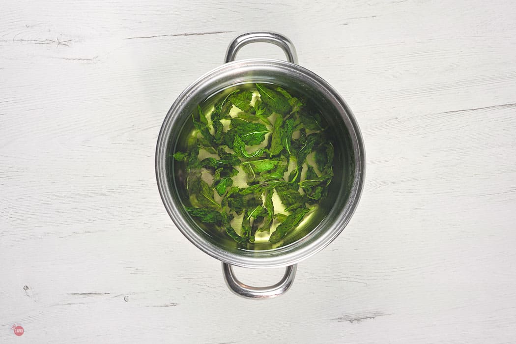 cooked sugar and mint in a pot