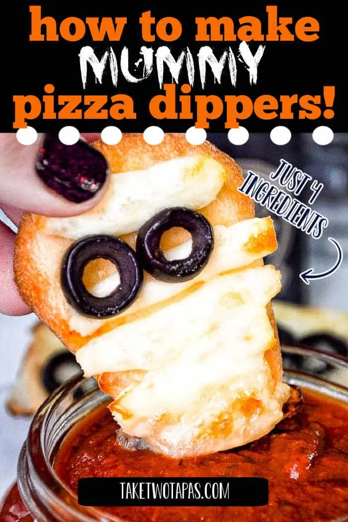 mummy pizza dipper with text "how to make mummy pizza dippers"