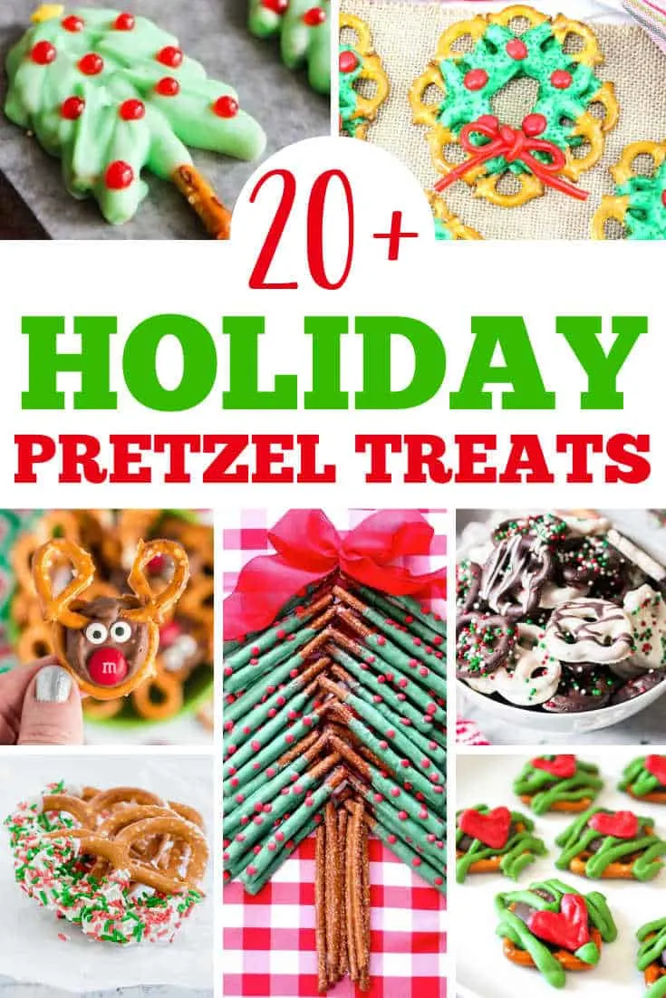 collage of christmas pretzels with text "20+ holiday pretzel treats"