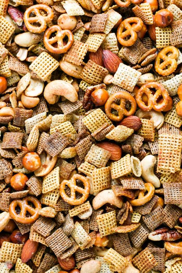 close up of chex party mix