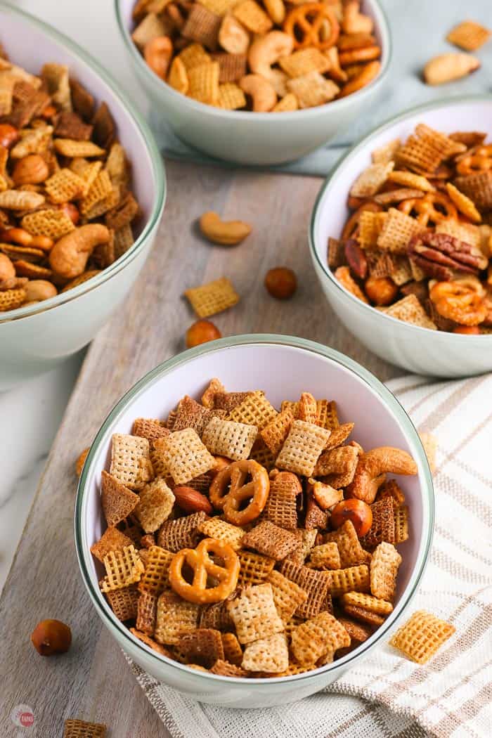 4 bowls of snack mix