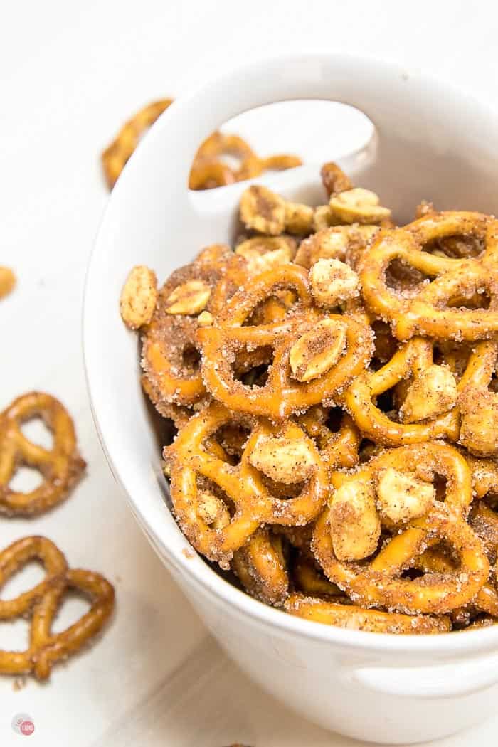cinnamon pretzels in a white dish