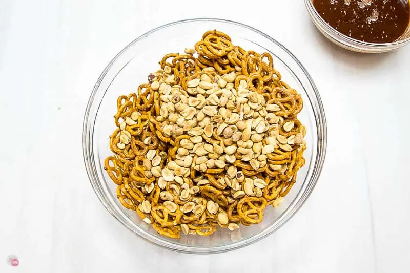 peanut and pretzels in a clear bowl