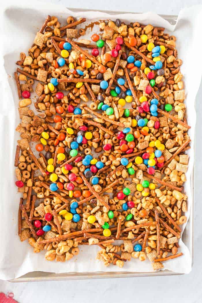 snack mix on baking sheet