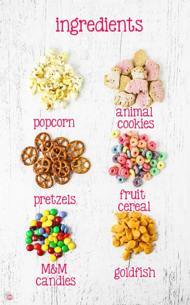 labeled picture of kids snack mix ingredients