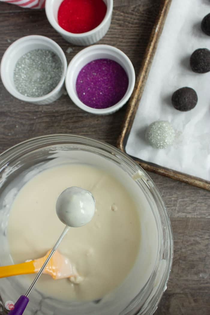 OREO truffles being dipped in white chocolate
