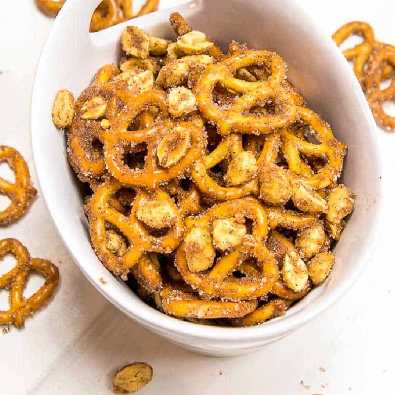 pretzels in a white bowl