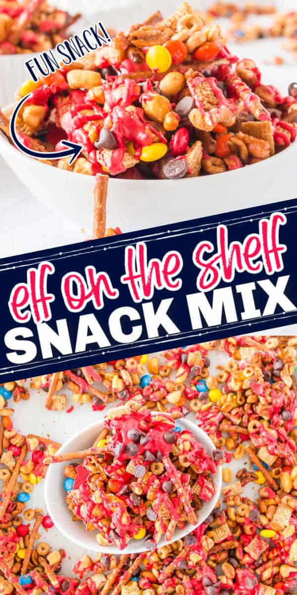 collage of chex mix with text "elf on the shelf snack mix"