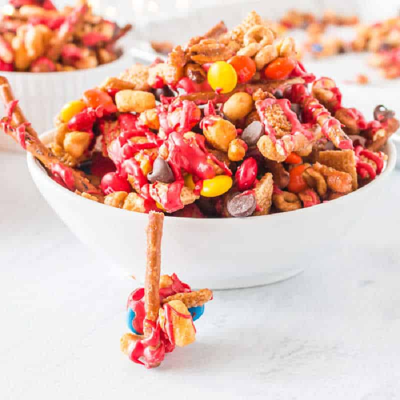 snack mix in a white bowl