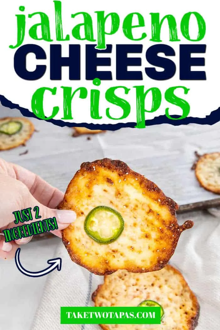 hand holding baked cheese crisp with text "just 2 ingredients"