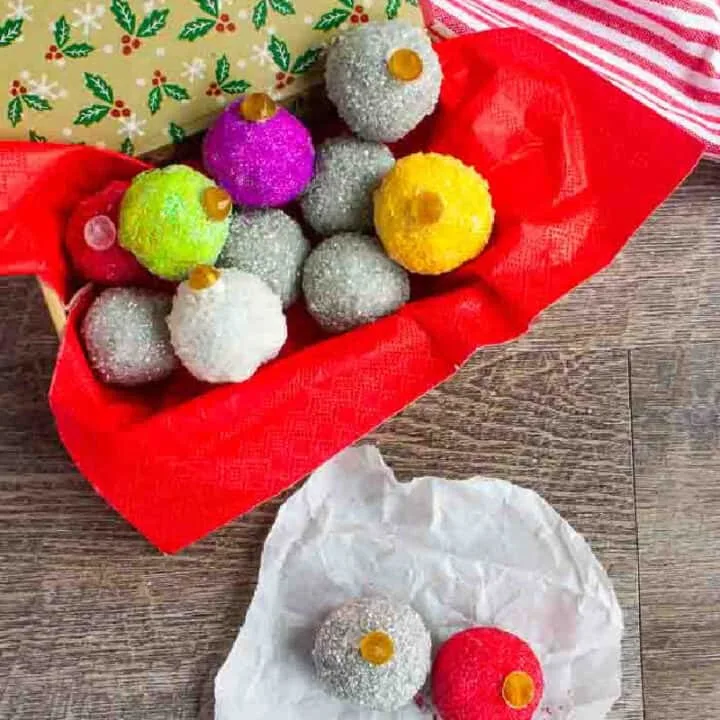 oreo balls looking like ornaments in a box