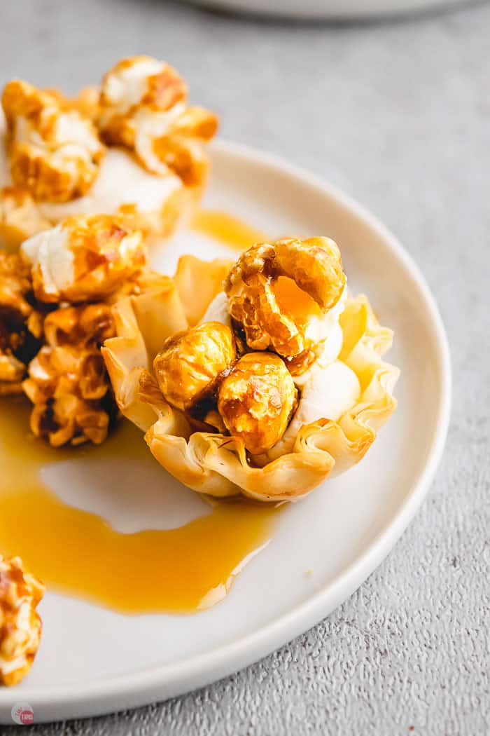 caramel corn phyllo cup on white plate