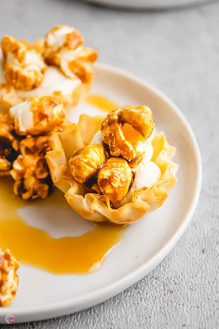 caramel corn phyllo cup on white plate