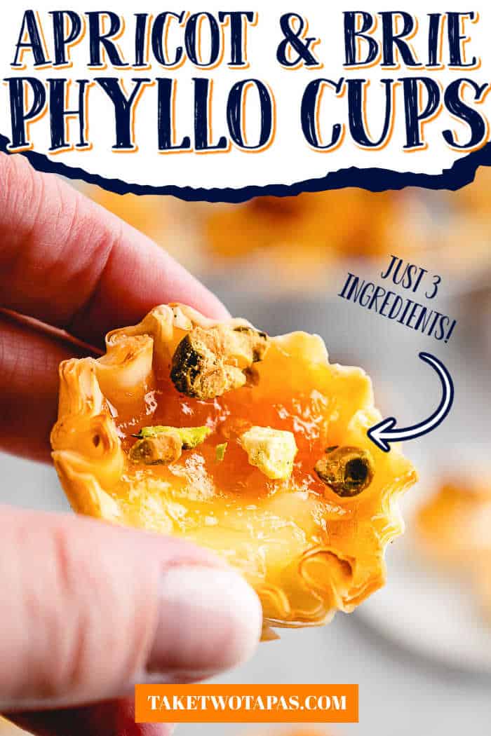 phyllo appetizer with text "apricot pistachio phyllo cups