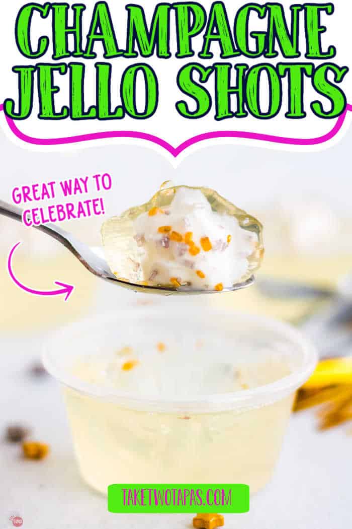 jello shot and spoon with text "champagne jello shots"