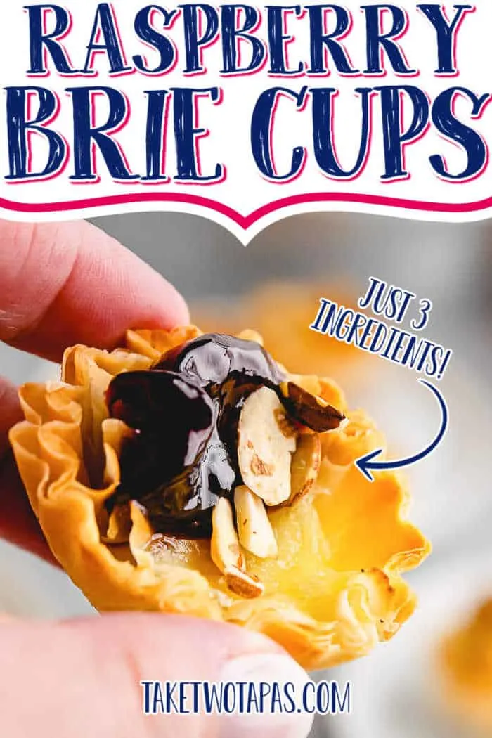 hand holding phyllo cup with text "raspberry brie cups"