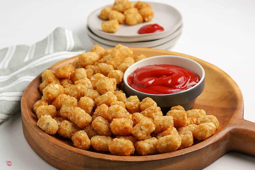 round wood tray with tots
