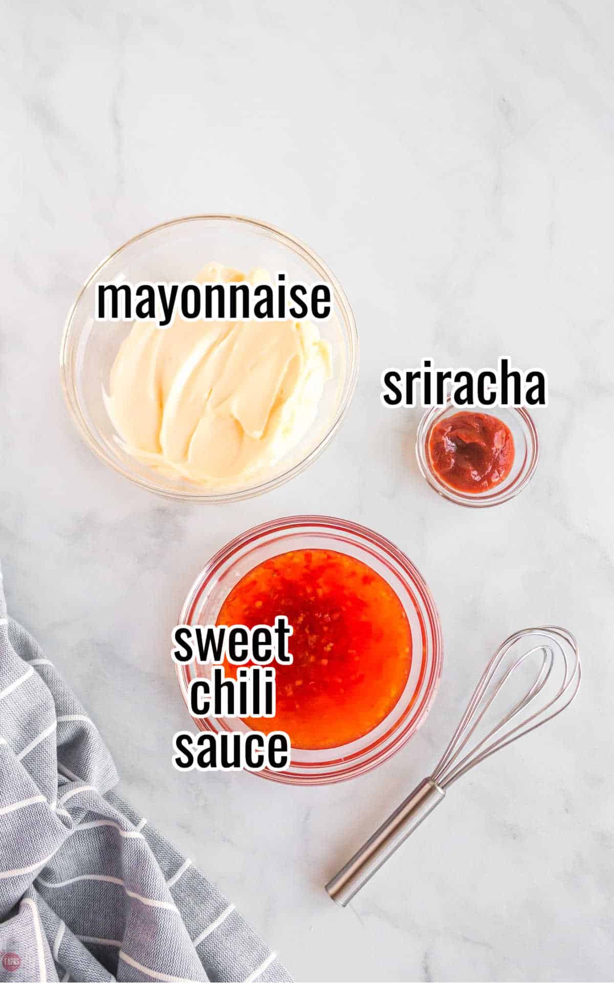 ingredients for spicy sauce with text overlay labeling them