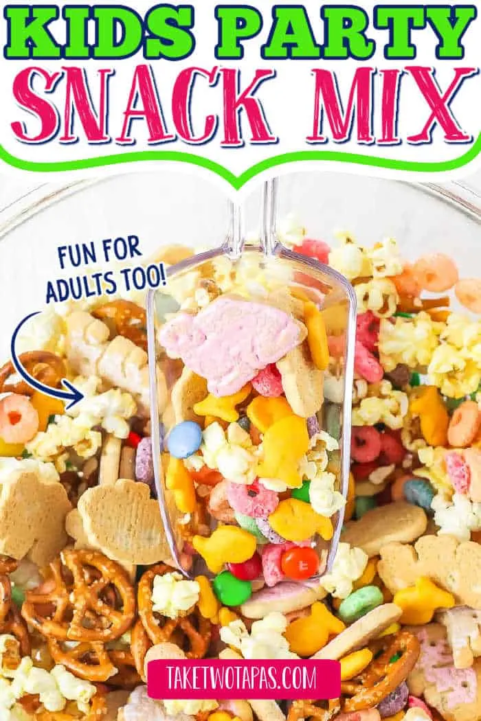 snack mix in bowl with text "kids party snack mix"