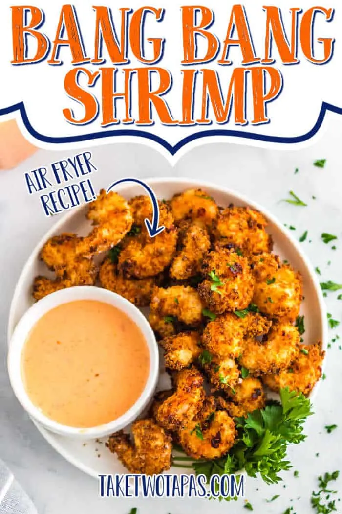 plate of shrimp with text "bang bang shrimp air fryer recipe"