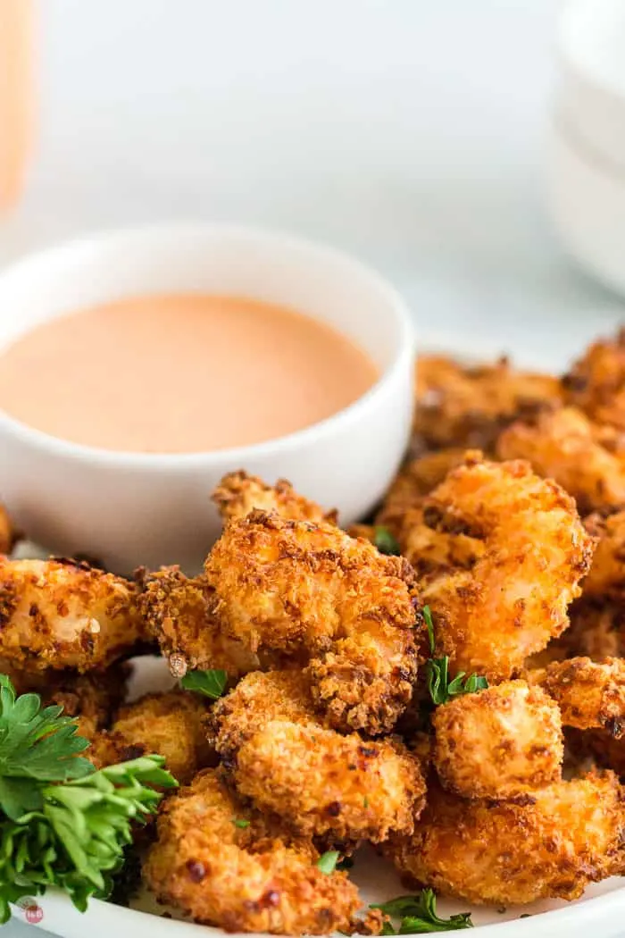 close up of crispy shrimp on plate