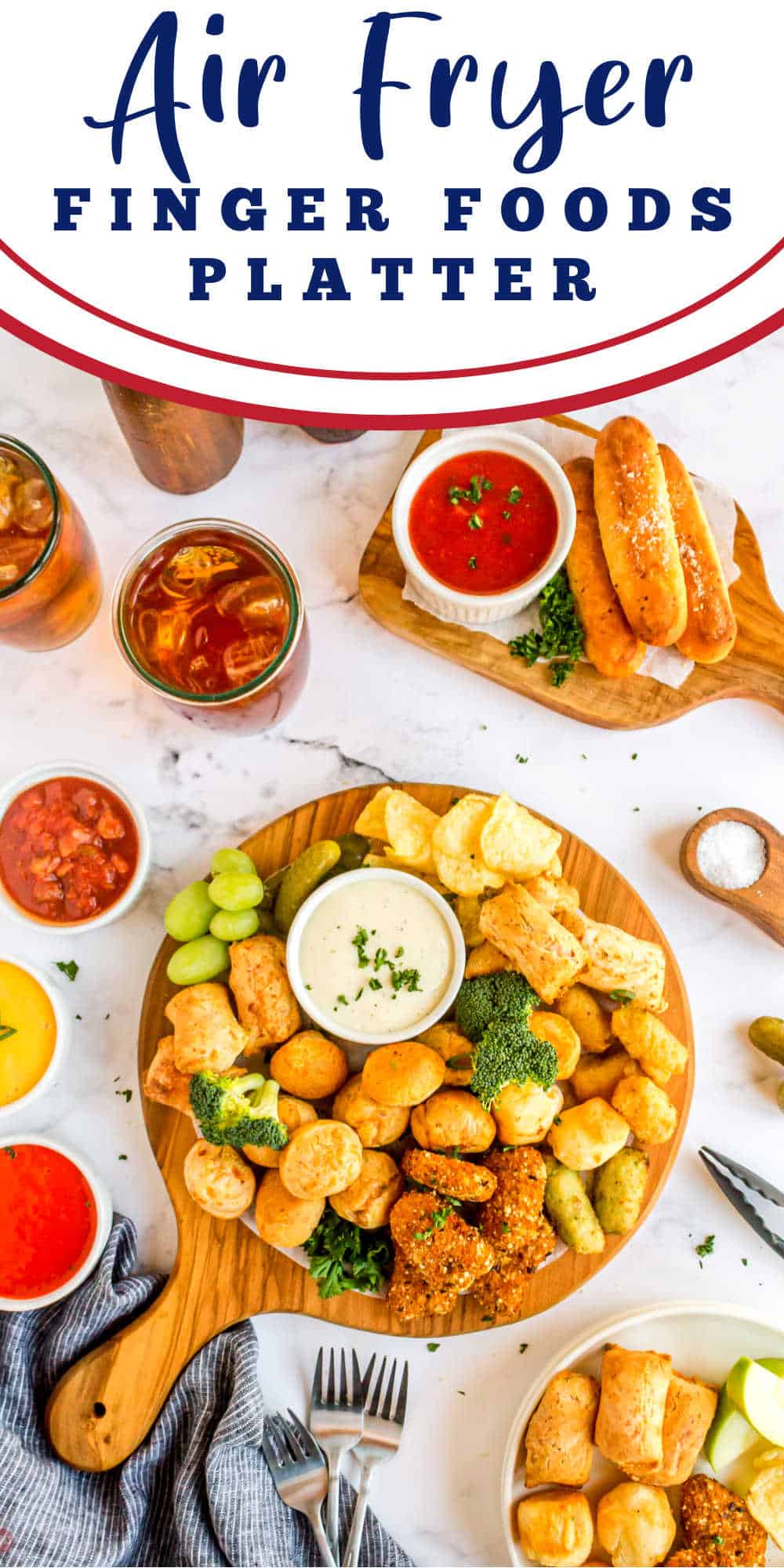 platter of food with text "air fryer finger foods platter"