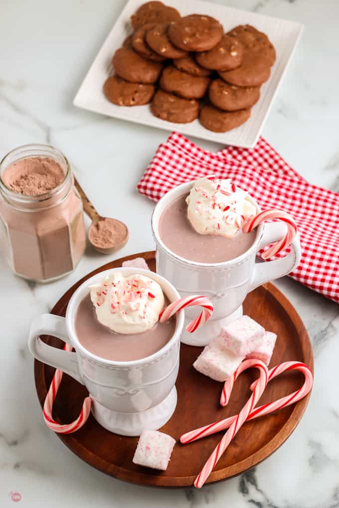 two mugs of hot cocoa