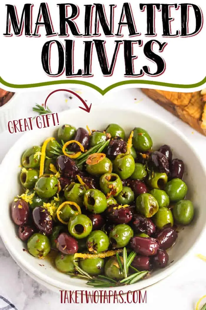 bowl of olives with text "marinated olives"