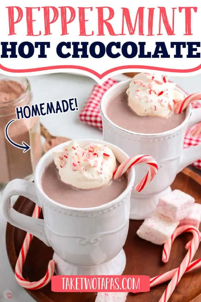 two mugs of cocoa with peppermint sticks