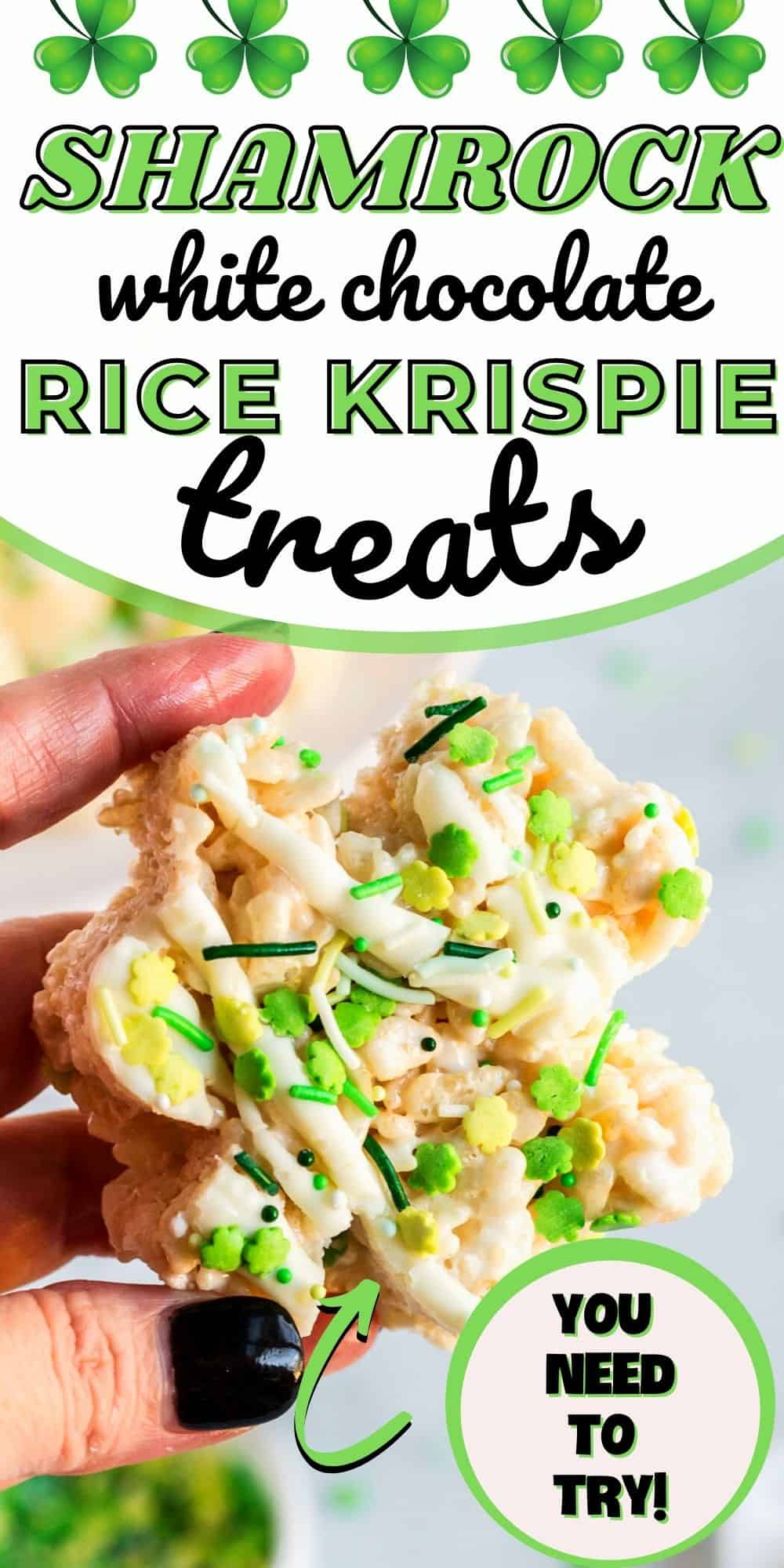 marshmallow treats with text "shamrock white chocolate rice krispie treats"