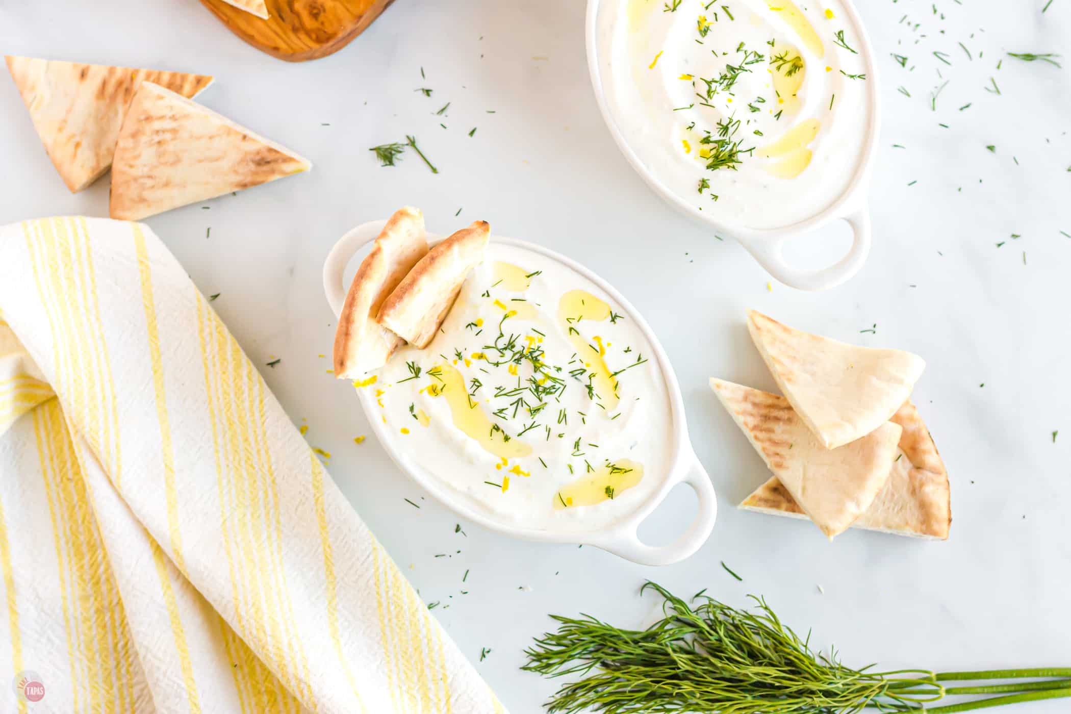 overhead picture of tzatziki in a bowl