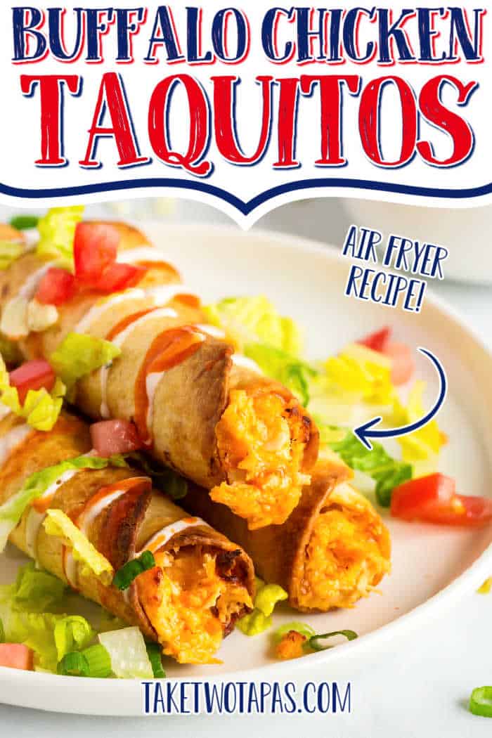 three taquitos with text "air fryer buffalo chicken"